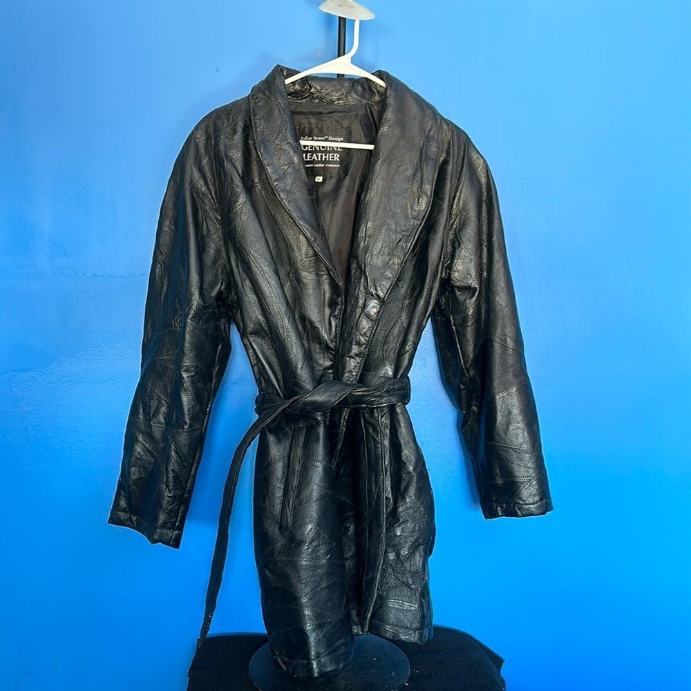 Italian Leather Overcoat Black Patchwork Belted – Size M – Unique Stone Design